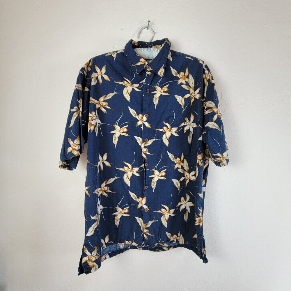 Pau Hana Mens Button Down Shirt Large Navy Blue Floral Short Sleeve Hawaiian